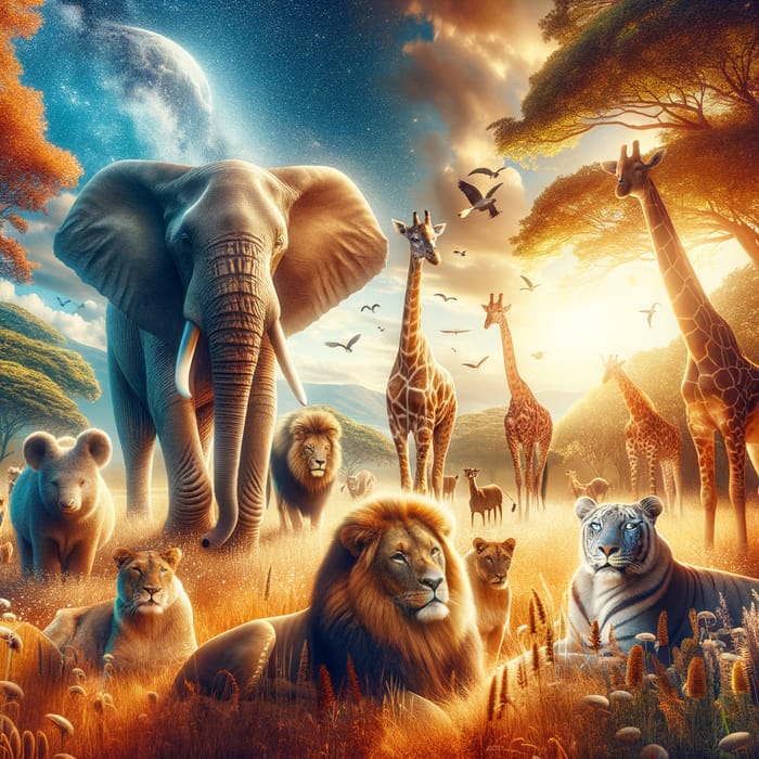 Envision Harmony: Majestic Elephants, Lions, and Giraffes in a Wildlife Haven