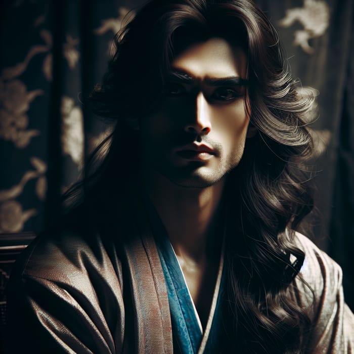 Gloomy Style: Asian Male with Long Flowing Hair in Traditional Attire
