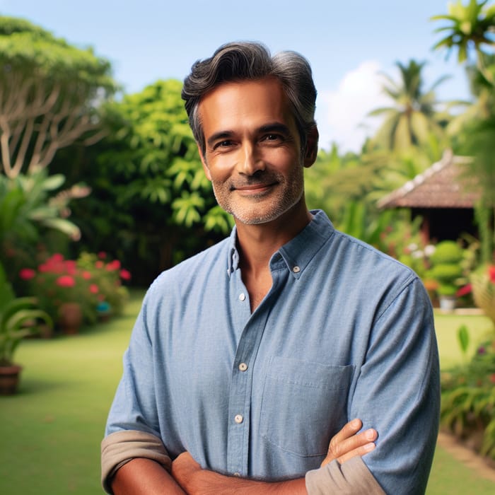 Peaceful South Asian Man in Garden | Welcoming Smile