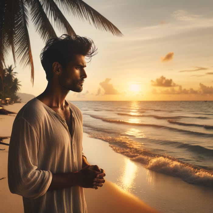 Beautiful Sunset Beach Scene with Man Gazing at Sun