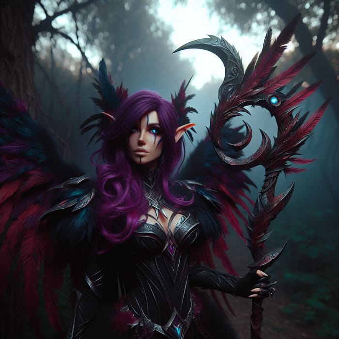 Enigmatic Fantasy Character Xayah in Crimson Dusky Forest