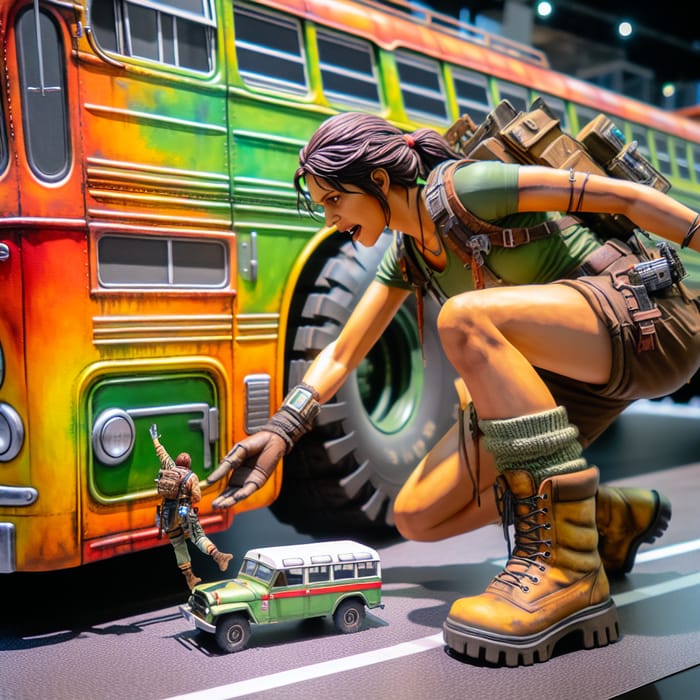Giantess Explorer Reaching Out to Devour Bus in Vibrant Pop Art Style