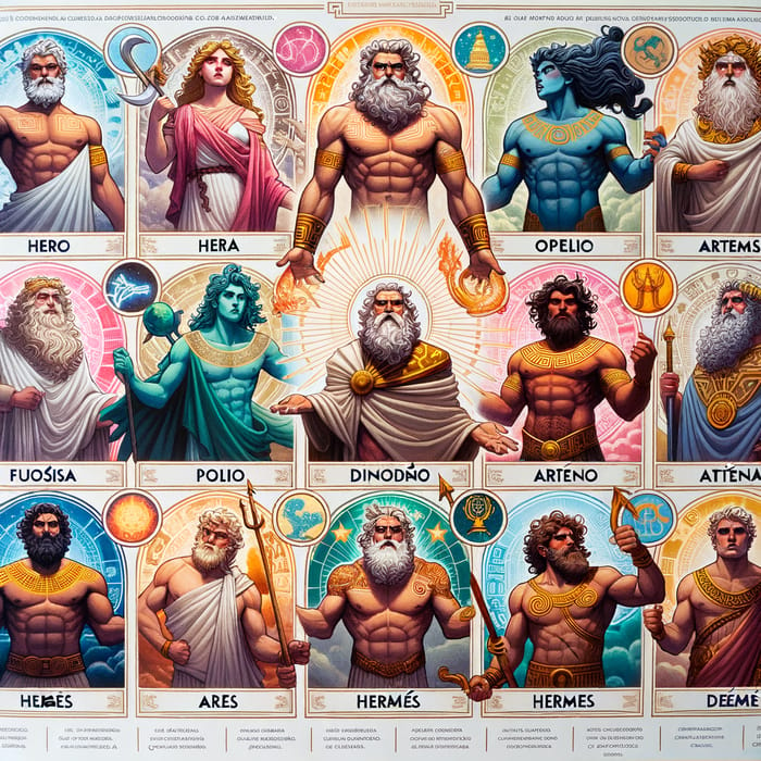 Greek Gods Infographic: A Colorful and Detailed Representation in Spanish