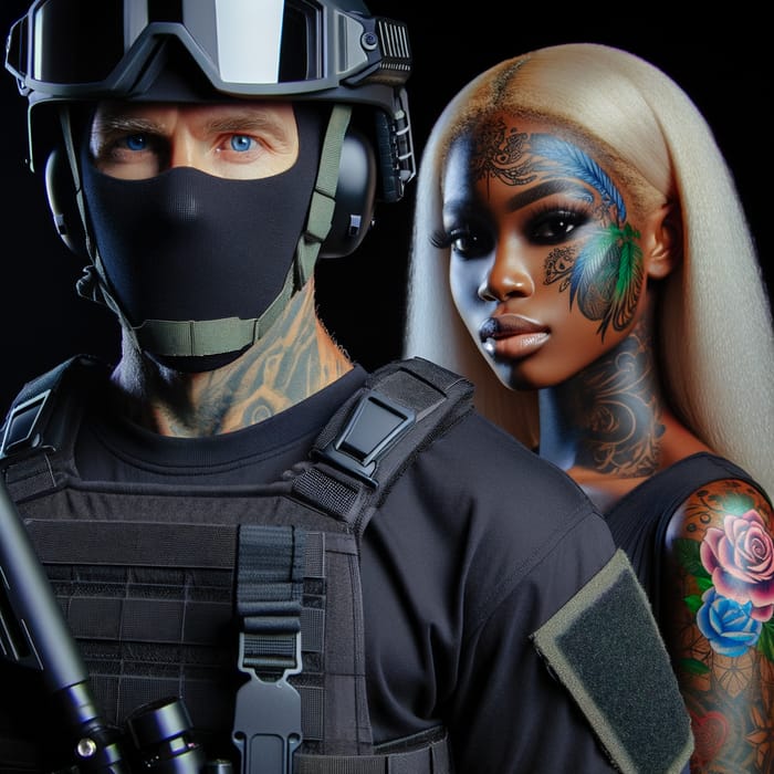 Protective Man in Tactical Gear Shielding Woman with Tattoos