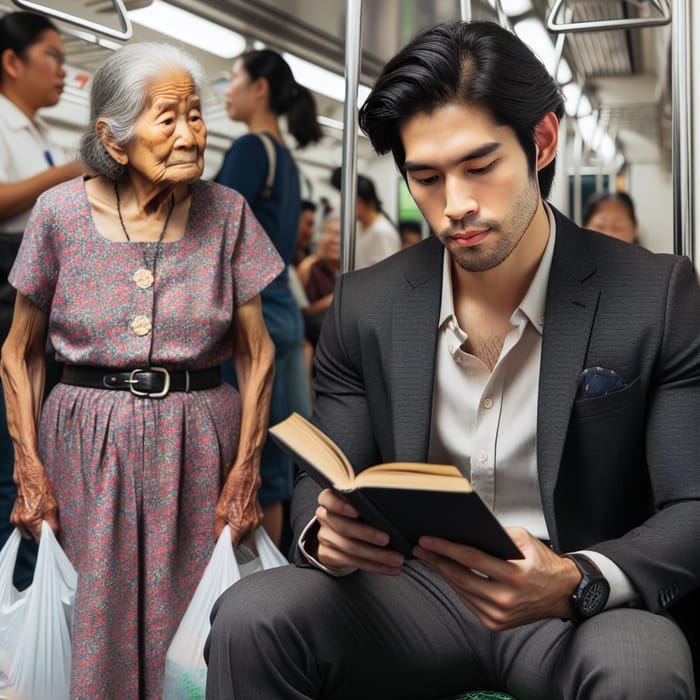Ignored Elderly Woman Stands by Distracted Man inside Train