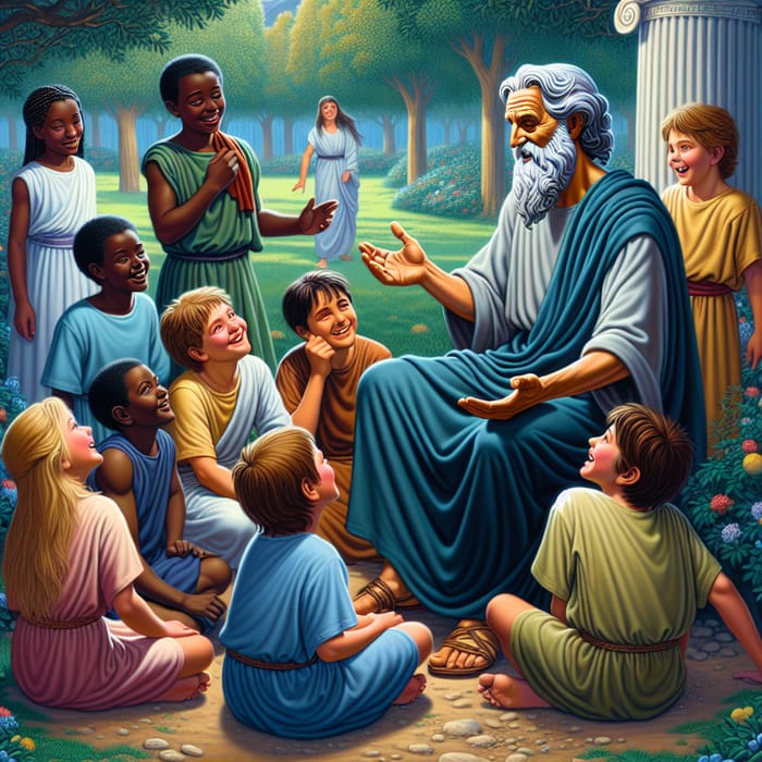 Epicurus with Diverse Children: Joyful Philosophy Scene