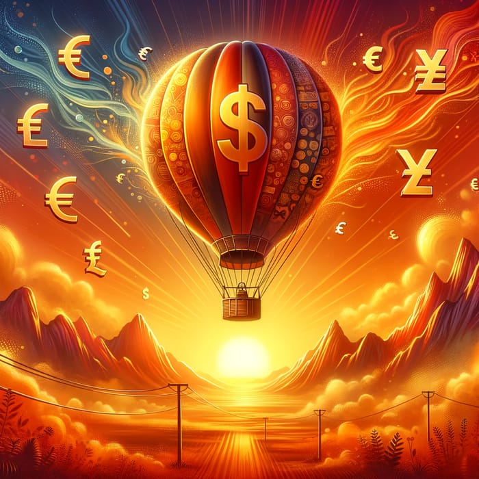 Energetic Hot Air Balloon Soaring with Financial Symbols at Sunrise