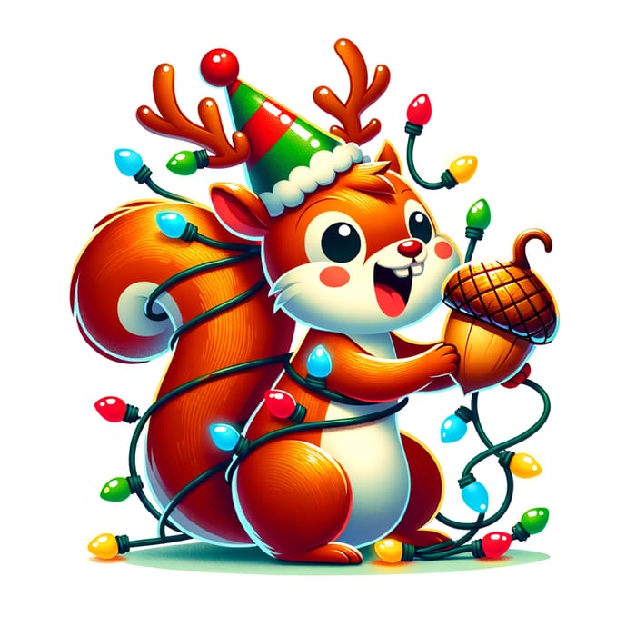 Cheerful Cartoon Squirrel with Festive Acorn & Christmas Lights