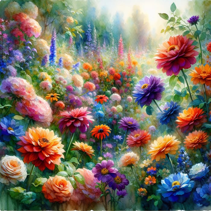Vibrant Watercolor Flowers: Blooming Garden of Colorful Petals
