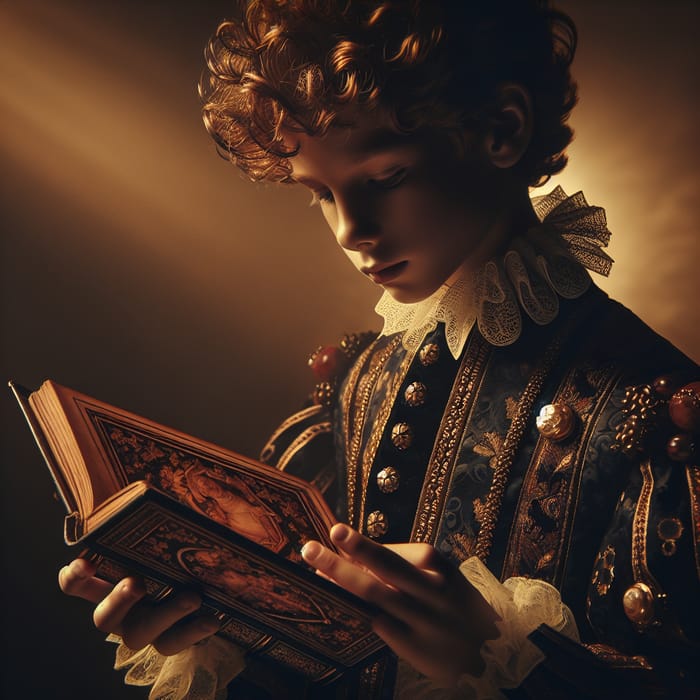 Young Prince Engrossed in Vintage Book with Rembrandt Touch