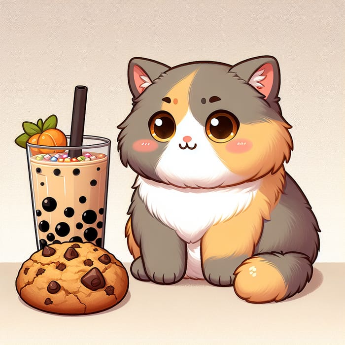 Cute Cat with Boba Tea and Cookie | Enchanting Pet Scene