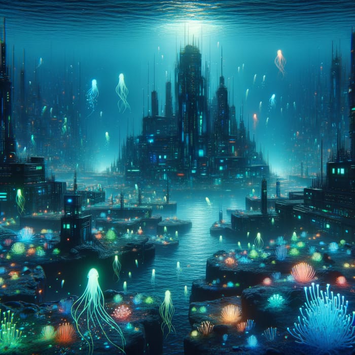 Mysterious Bioluminescent Underwater City with Vibrant Color Effects