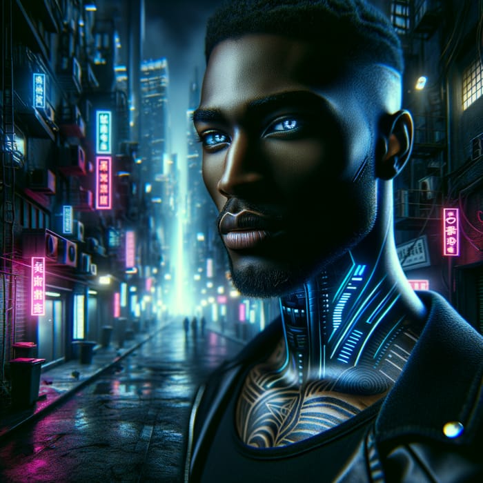 Futuristic Cyberpunk Cityscape with Scarred Cybernetic Man