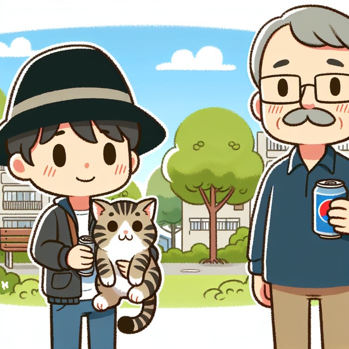 Father and Son in Park with Black Hat, Pepsi Can, Fat Cat Clipart