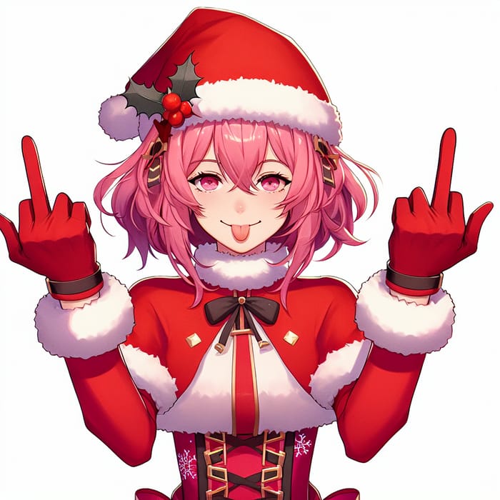Anime Woman with Pink Hair in Red Christmas Outfit