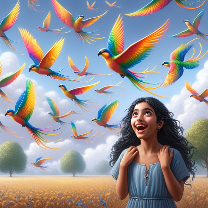 Birds of Hope | Happy Girl Watching Vibrant Birds in Serene Landscape
