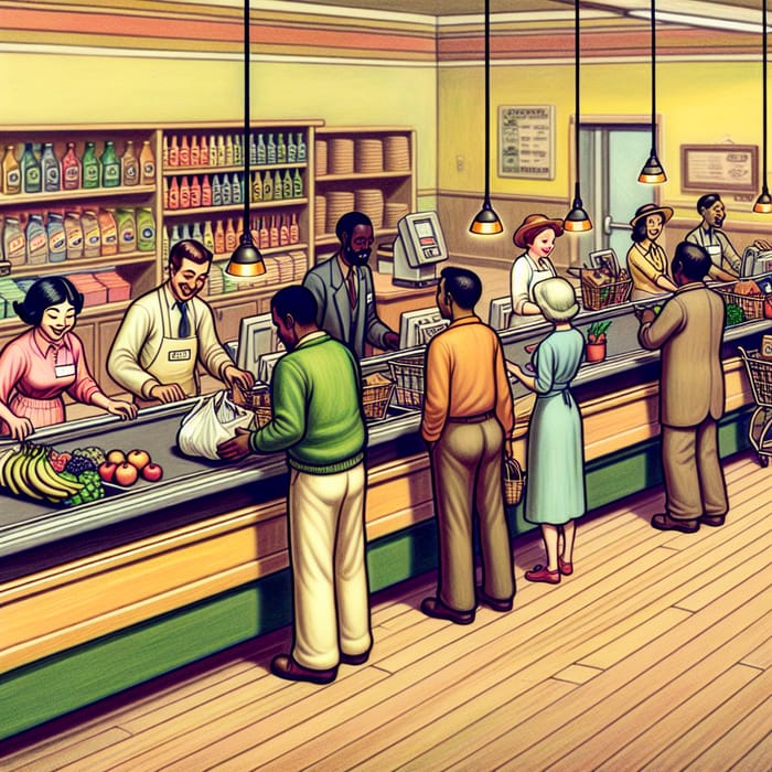 Pixar Style Supermarket Scene: Diverse Animated Checkout