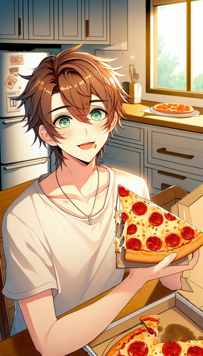 Radiant Anime Boy Eating Pepperoni Pizza | Illustration