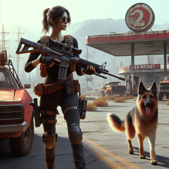 Post-Apocalyptic Female Protagonist with Rifled German Shepherd at Red Rocket Station