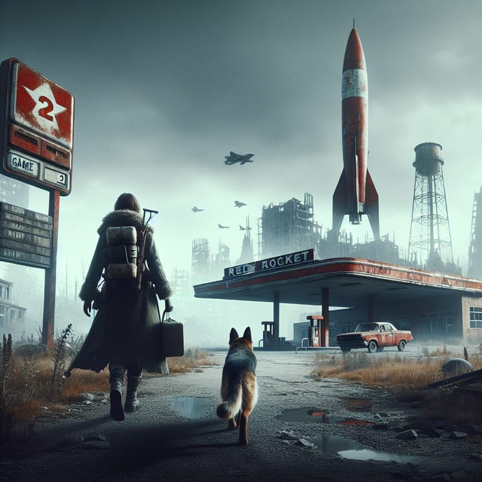 Desolate Post-Apocalyptic Scene: Nora and German Shepherd Near Red Rocket Gas Station