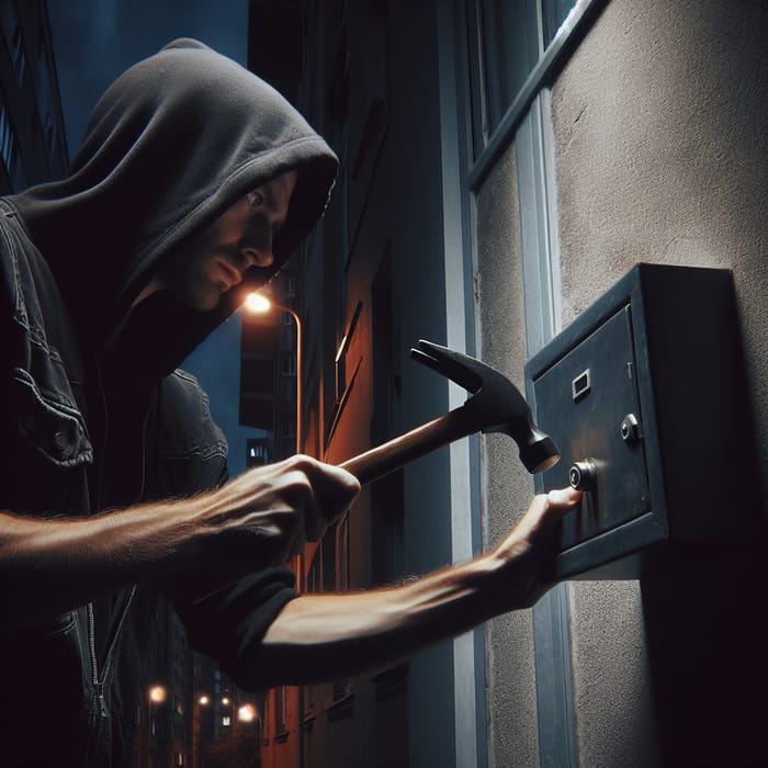 Dark Thief Breaking into Apartment Building Lock Box