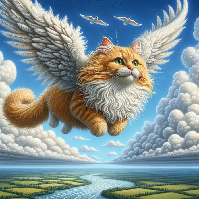 Majestic Winged Cat Soaring in the Sky