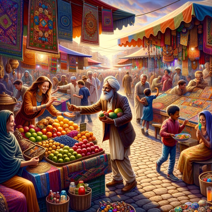 Vibrant Multicultural Market with Fresh Fruits, Jewelry, Textiles & Lemonade