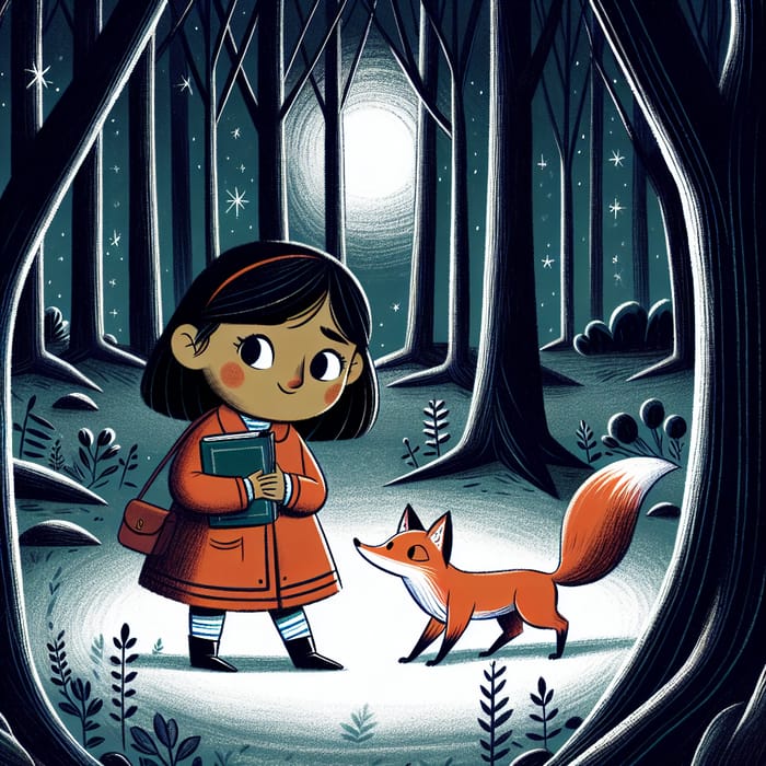 Whimsical Nighttime Encounter: Girl & Fox in Cartoon Forest