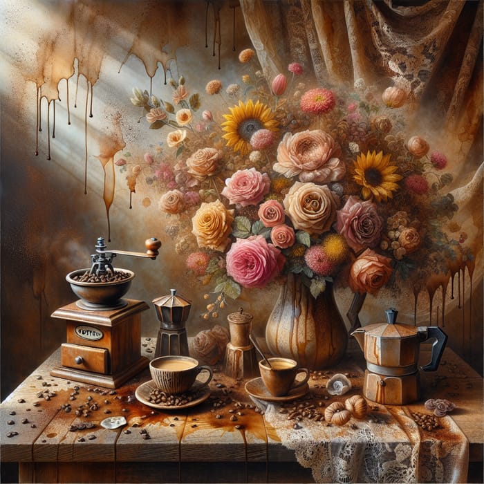 Coffee Painting: Blooming Flowers Artwork with Espresso Aroma