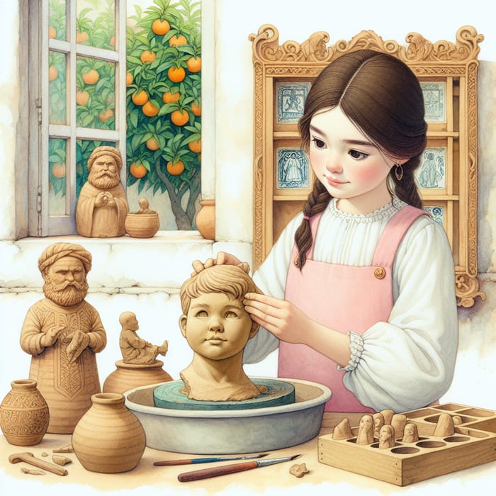 Andalusian Watercolor Scene: Girl Sculpting Clay Bust in Andalusia
