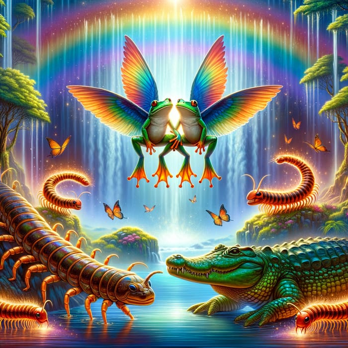 Enchanting Illustration: Ethereal Frogs Wings Gliding Under Rainbow Waterfalls