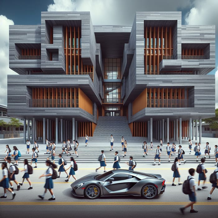 Contemporary School Building and Students with Luxury Car