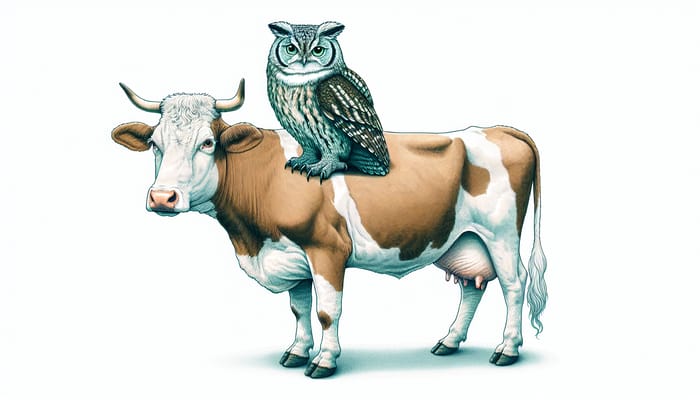 Unique Fusion Creature Art: Cat Owl on Cow