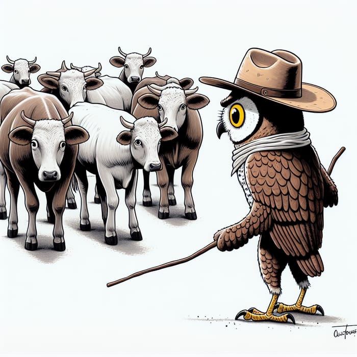 Funny Owl Herding Cattle in Comic Style