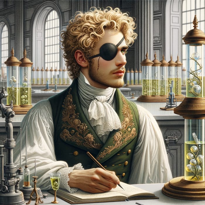 Blond Scientist with Patched Eye in Victorian Lab Setting
