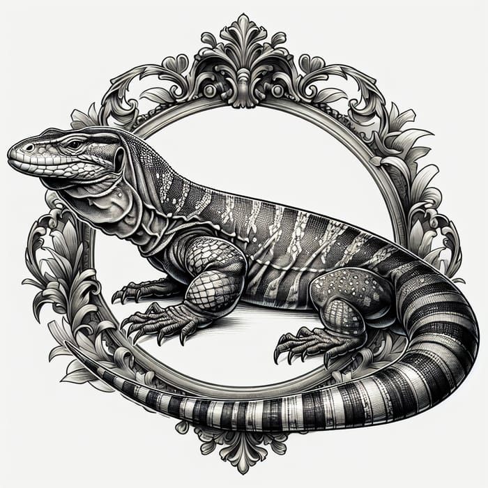 Elegant Savannah Monitor Lizard Tattoo Design with Antique Frame