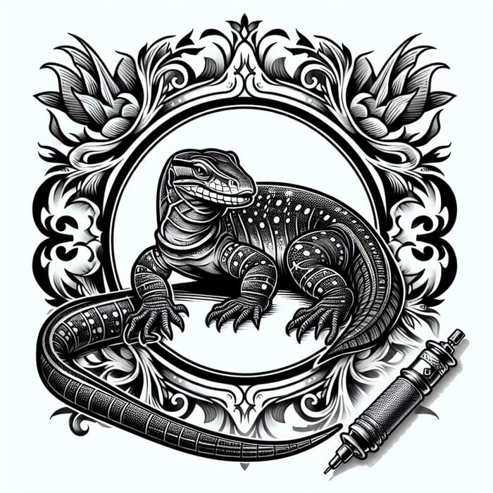 Savannah Monitor Lizard Tattoo Stencil in A5 Paper | Grey Wash Technique