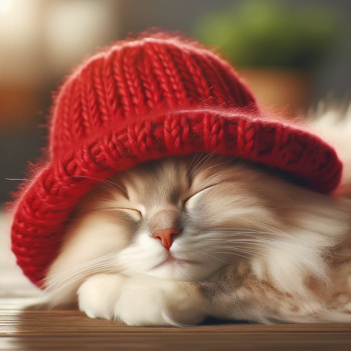 Adorable Snoozing Cat in Red Hat | Sweet Slumber Scene
