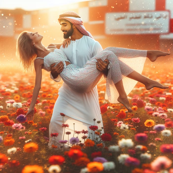 Middle-Eastern Man Lifts Caucasian Woman in Vibrant Flower Field | Love & Joy Capture