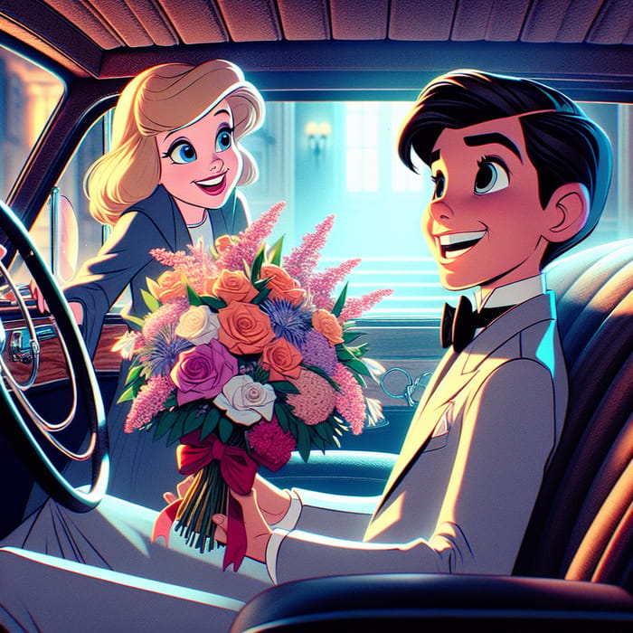 Whimsical Animation: Teenagers in Luxurious Car with Bouquet