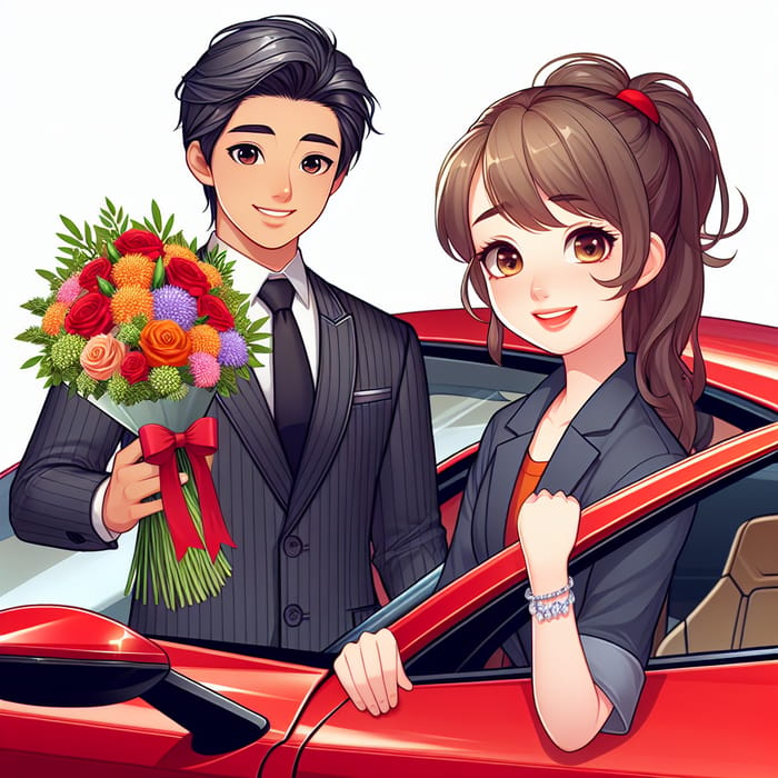 Young Teenager in Corporate Wear Presents Flowers in Luxury Sports Car