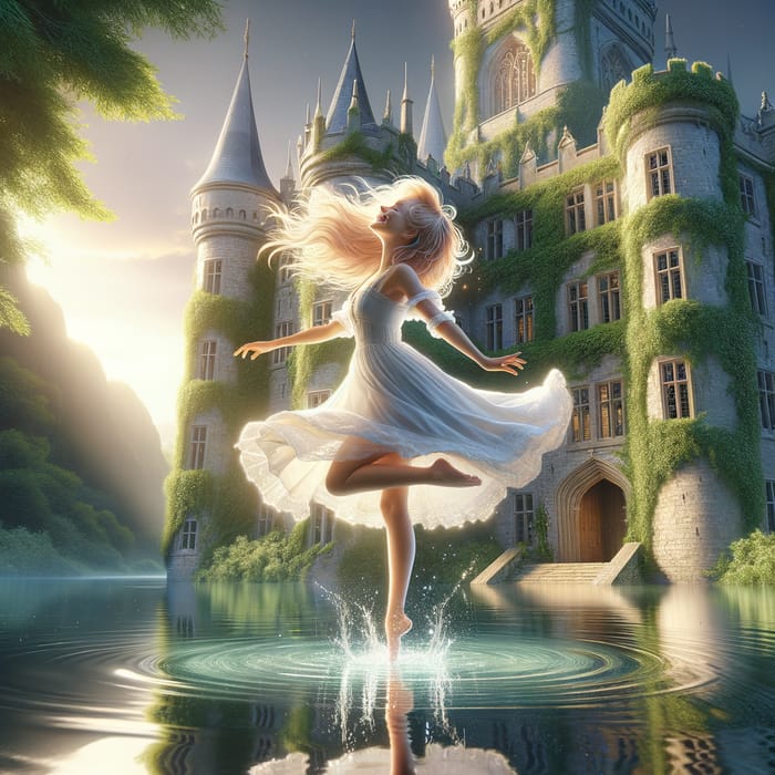 Blonde Girl Dancing on Water in Front of Majestic Castle - 3D Image