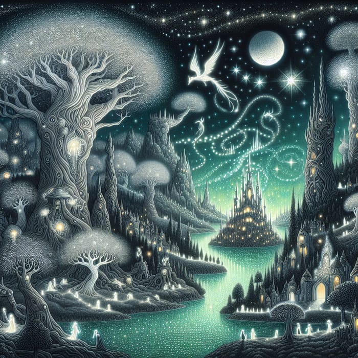 Enchanting Magic World Art | Silver Trees & Luminescent Creatures