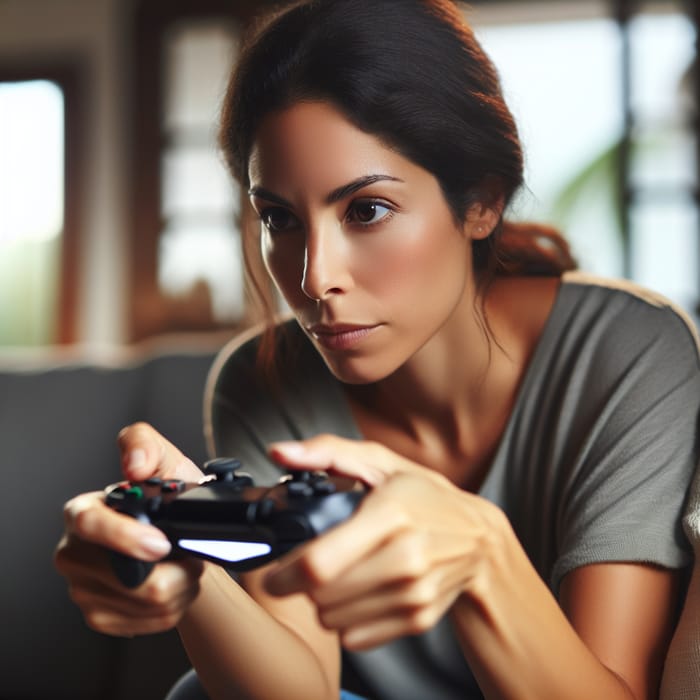 Hispanic Woman Playing Video Game Console - Intense Gaming Session | Enjoying Console Gaming