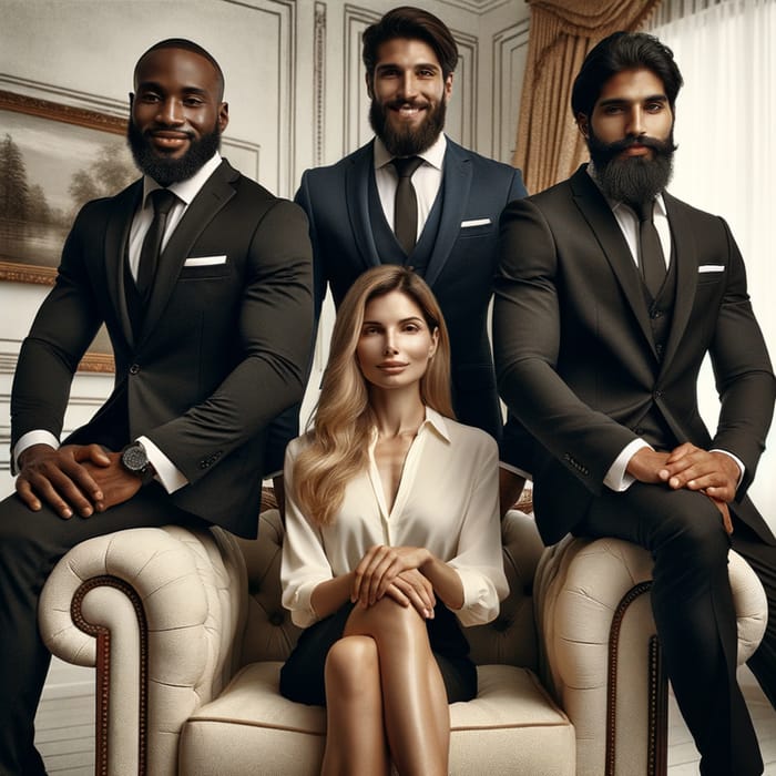 Powerful Diverse Men Behind Elegant Woman on Couch