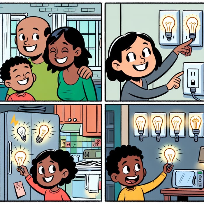 Simple Comic: Family Turning on Lights & Appliances with Geothermal Energy
