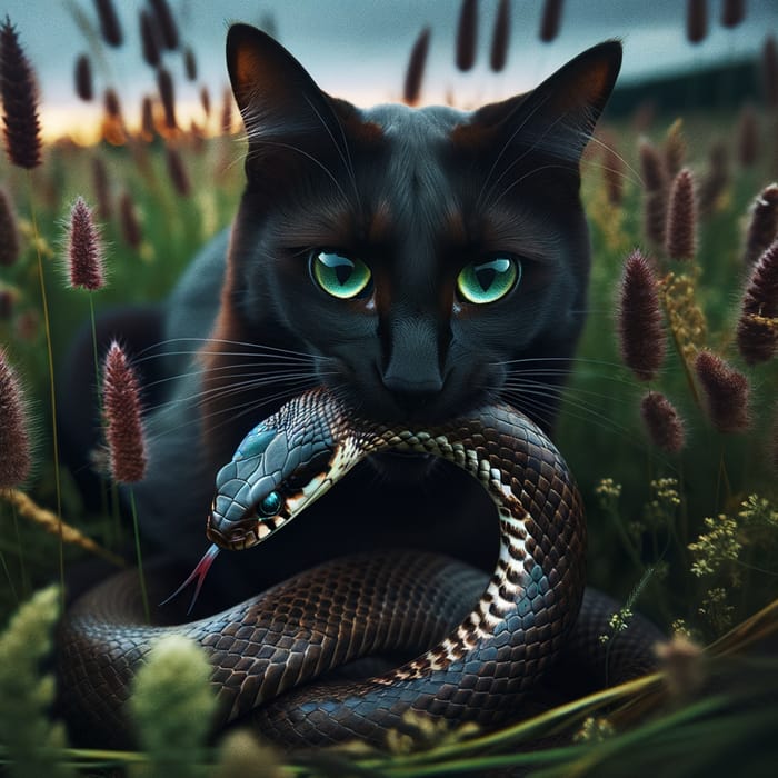 Mysterious Scene: Black Cat Feasting on a Snake