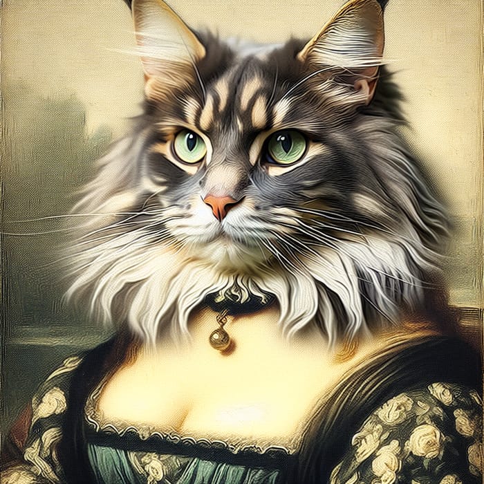 Maine Coon Cat Posing as Renaissance Woman in Grey Dress