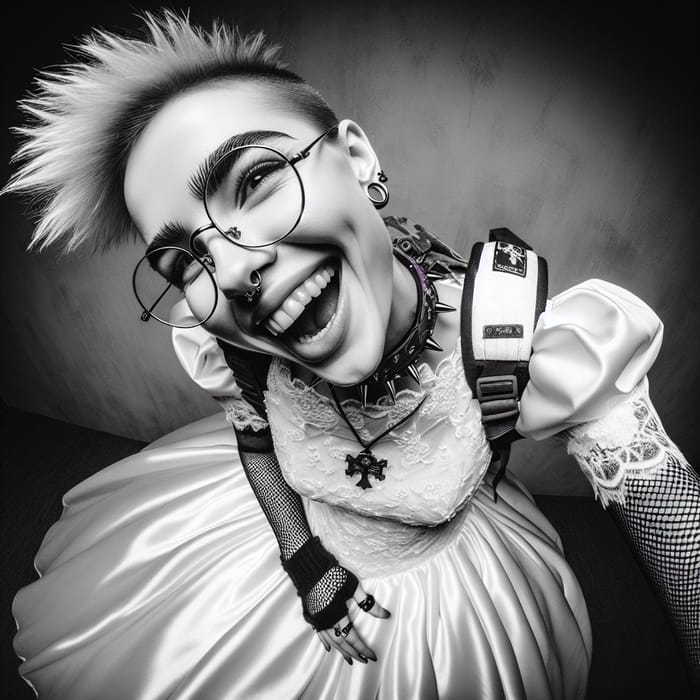 Unique Black and White Portrait of a Joyous Geek Woman