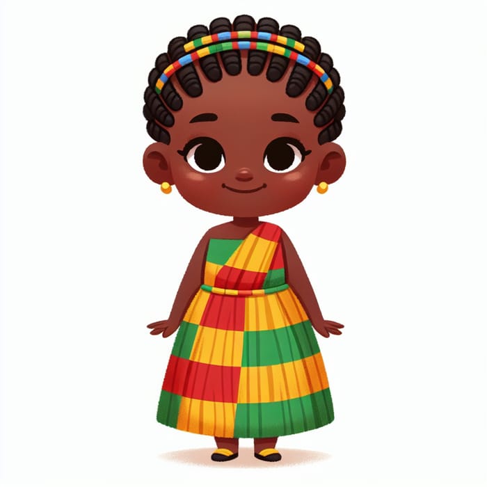 Vibrant Kente Attire: Joyful Ghanaian Girl Cartoon